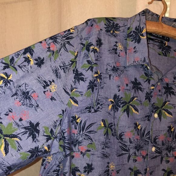 Nautica XXL Chambray Tropical Print Blue Button Down Casual Long Sleeve Shirt - Picture 6 of 13